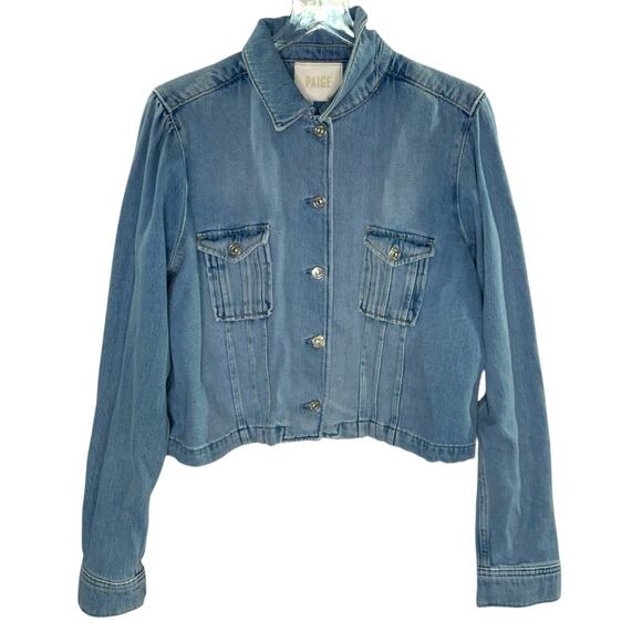 PAIGE XL Pacey Cropped Denim Jacket in Hyland Blue Cotton Classic Western - Picture 1 of 10